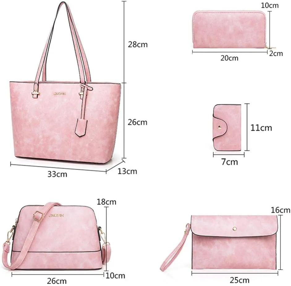Handbag Set for Women 5 Pack Tote Purse Handbags Set PU Leather Satchel Shoulder Crossbody Wallet Card Holder Bag Set, Pink