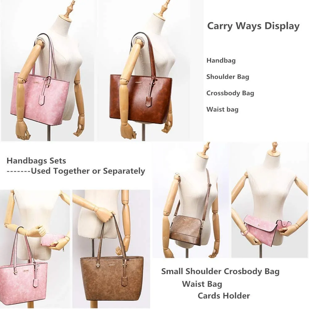 Handbag Set for Women 5 Pack Tote Purse Handbags Set PU Leather Satchel Shoulder Crossbody Wallet Card Holder Bag Set, Pink