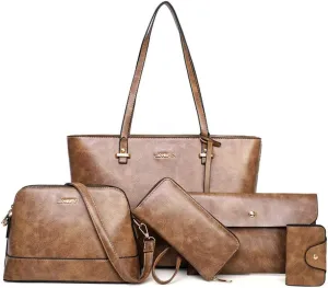 Handbag Set for Women 5 Pack Tote Purse Handbags Set PU Leather Satchel Shoulder Crossbody Wallet Card Holder Bag Set, Pink