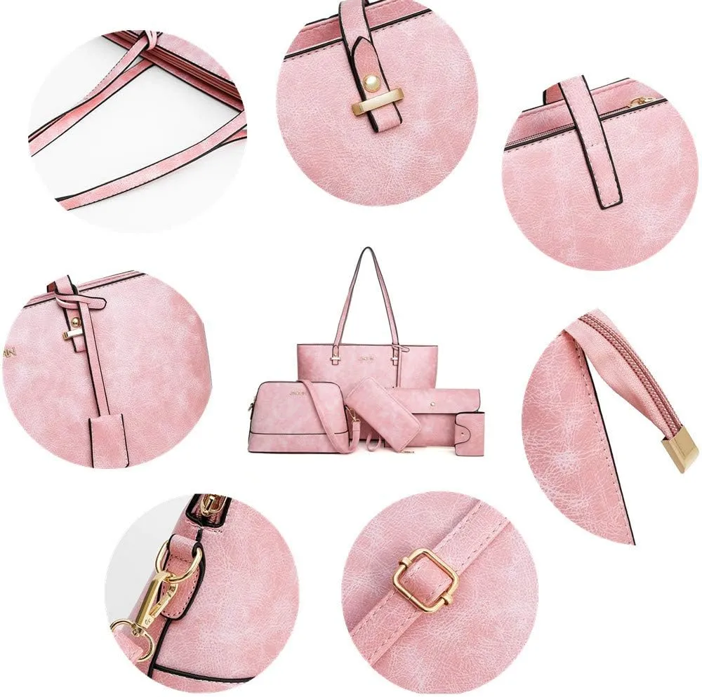 Handbag Set for Women 5 Pack Tote Purse Handbags Set PU Leather Satchel Shoulder Crossbody Wallet Card Holder Bag Set, Pink