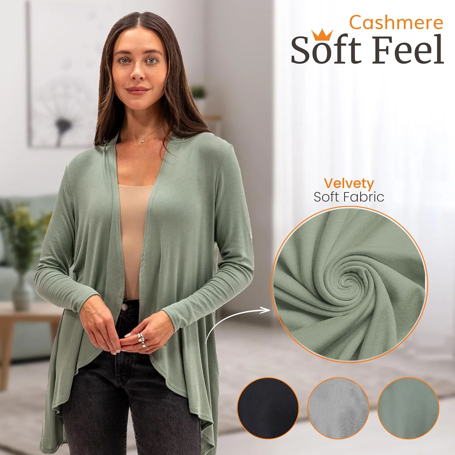 Happyluxe Lightweight Cardigan Sweaters for Women - Eco Cashmere Cardigan with Pockets. Long, Open Front - Made in USA