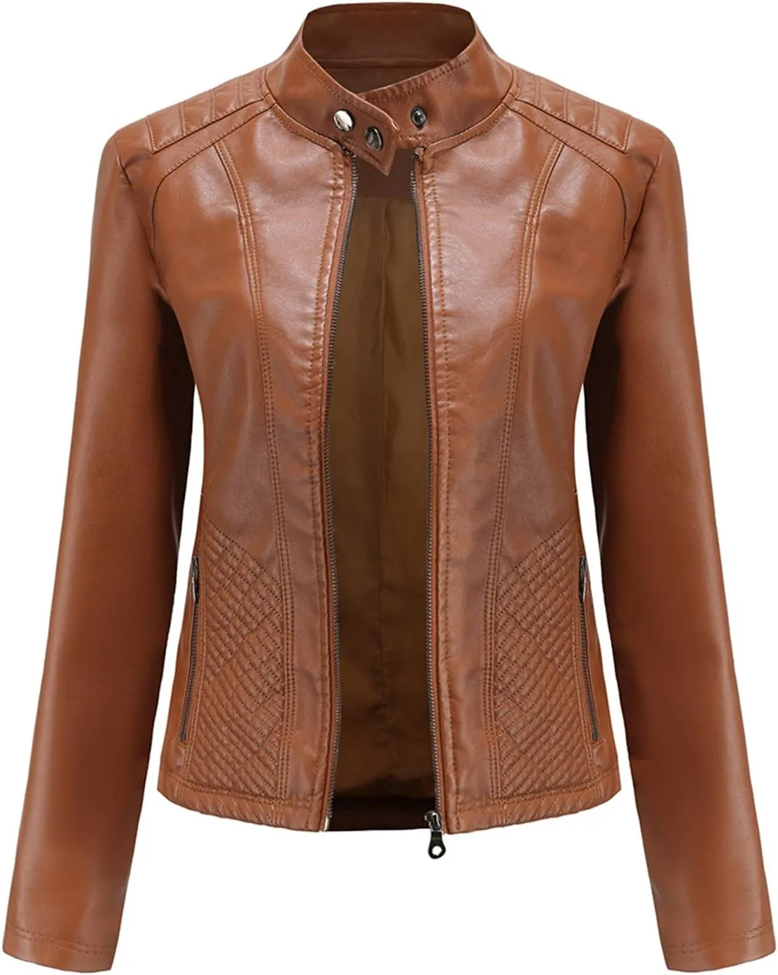 Hasta Faux Leather Jacket Crop Plus Size Women Slim Fit Motorcycle Bike Coat Stand Collar Zip Pocket Short Pleather Jacket