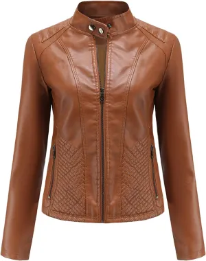 Hasta Faux Leather Jacket Crop Plus Size Women Slim Fit Motorcycle Bike Coat Stand Collar Zip Pocket Short Pleather Jacket