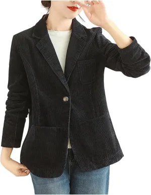 HGps8w Women's Vintage Business Casual Corduroy Blazers Loose Fit Lapel Long Sleeve Work Office Suit Jackets with Pockets