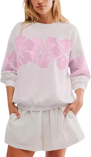 Hibiscus Floral Sweatshirt for Women Casual Hawaiian Flower Graphic Sweatshirts Cotton Pullover Tops
