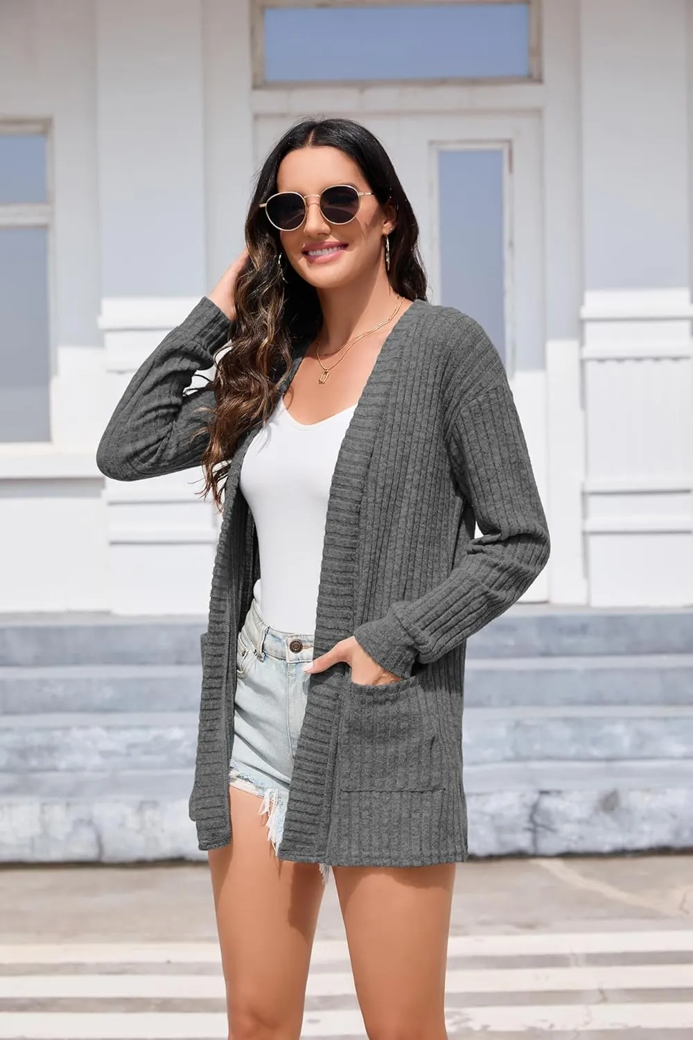 HIYIYEZI Womens Long Sleeve Cardigan Open Front Casual Knit Sweaters Coat Soft Outwear with Pockets