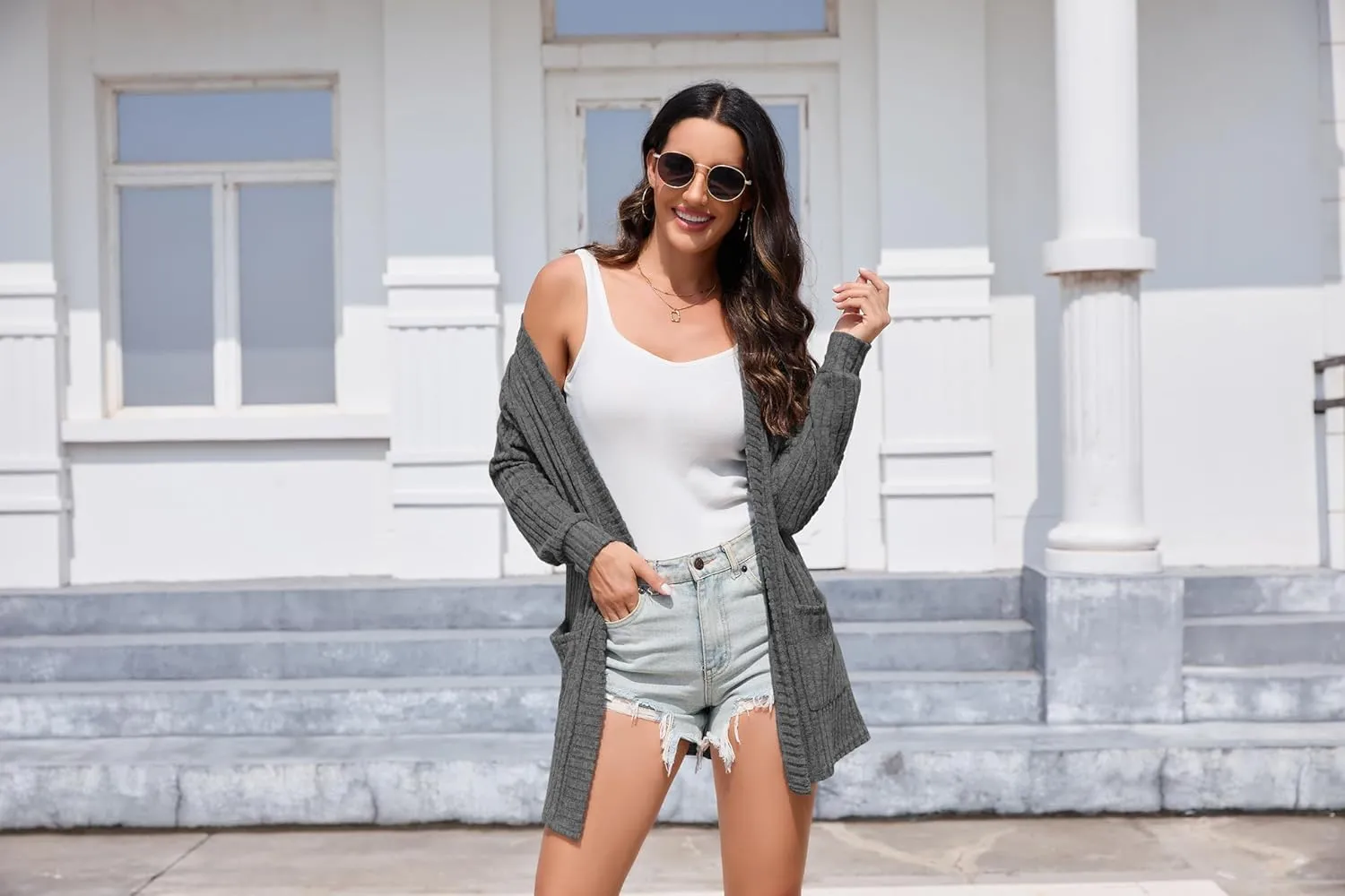 HIYIYEZI Womens Long Sleeve Cardigan Open Front Casual Knit Sweaters Coat Soft Outwear with Pockets