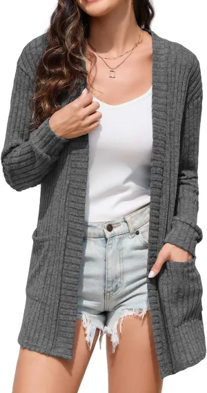 HIYIYEZI Womens Long Sleeve Cardigan Open Front Casual Knit Sweaters Coat Soft Outwear with Pockets