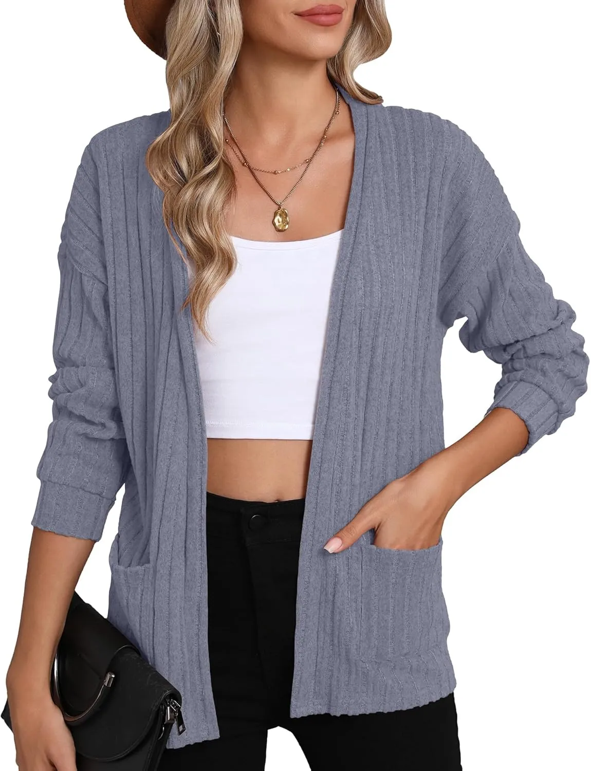 HIYIYEZI Women's Long Sleeve Open Front Cardigan Casual Lightweight Cardigans Knit Outwear with Pockets