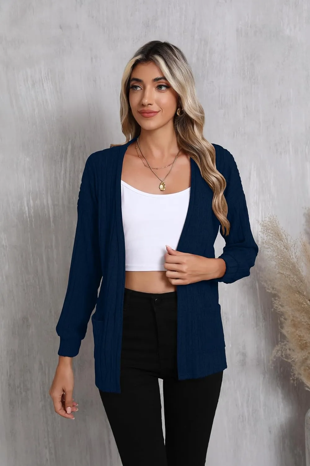 HIYIYEZI Women's Long Sleeve Open Front Cardigan Casual Lightweight Cardigans Knit Outwear with Pockets