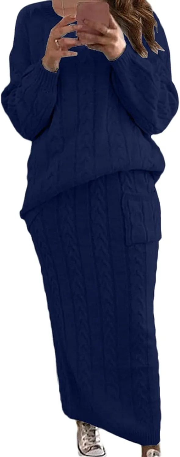 hlysgo Womens Sweater Sets Chunky Cable Knit 2 Piece Outfits Long Sleeve Sweater Bodycon Maxi Skirt Lounge Matching Set
