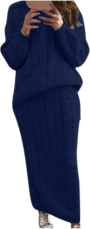 hlysgo Womens Sweater Sets Chunky Cable Knit 2 Piece Outfits Long Sleeve Sweater Bodycon Maxi Skirt Lounge Matching Set