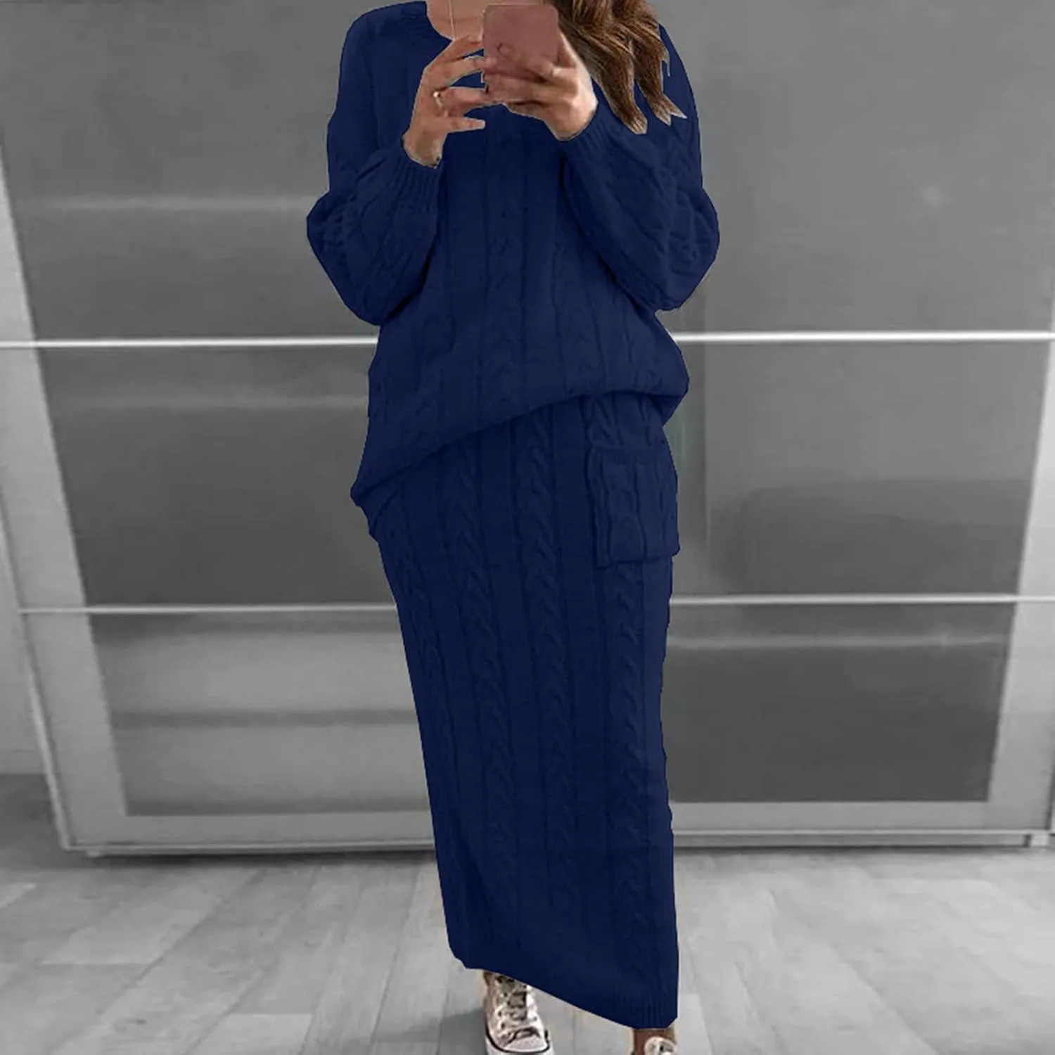 hlysgo Womens Sweater Sets Chunky Cable Knit 2 Piece Outfits Long Sleeve Sweater Bodycon Maxi Skirt Lounge Matching Set