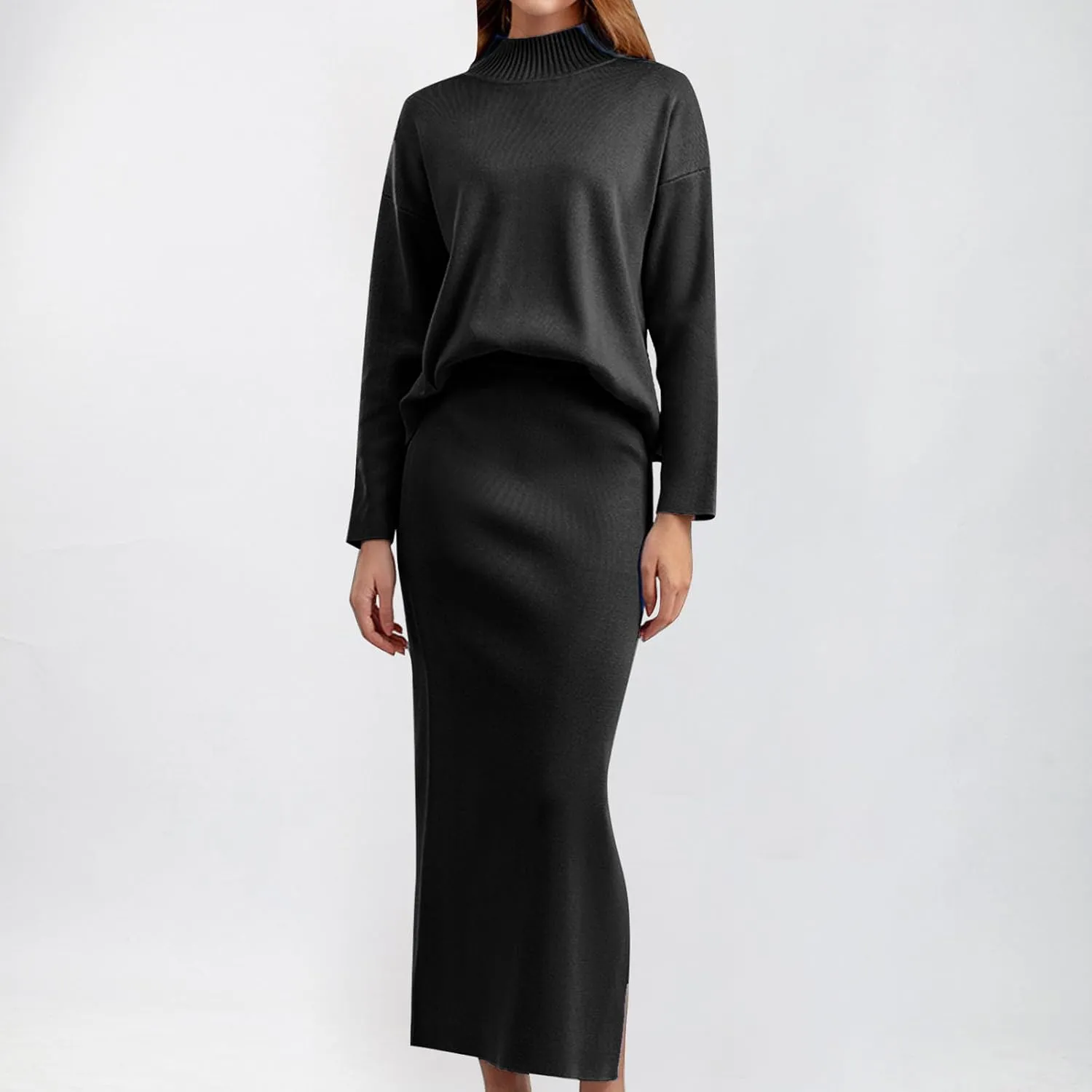 hlysgo Women's Two Piece Sweater Skirt Sets Knit Long Sleeve Mock Neck Sweater Tops and Bodycon Maxi Skirts 2 Piece Outfits