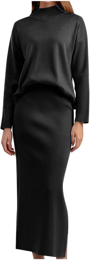 hlysgo Women's Two Piece Sweater Skirt Sets Knit Long Sleeve Mock Neck Sweater Tops and Bodycon Maxi Skirts 2 Piece Outfits