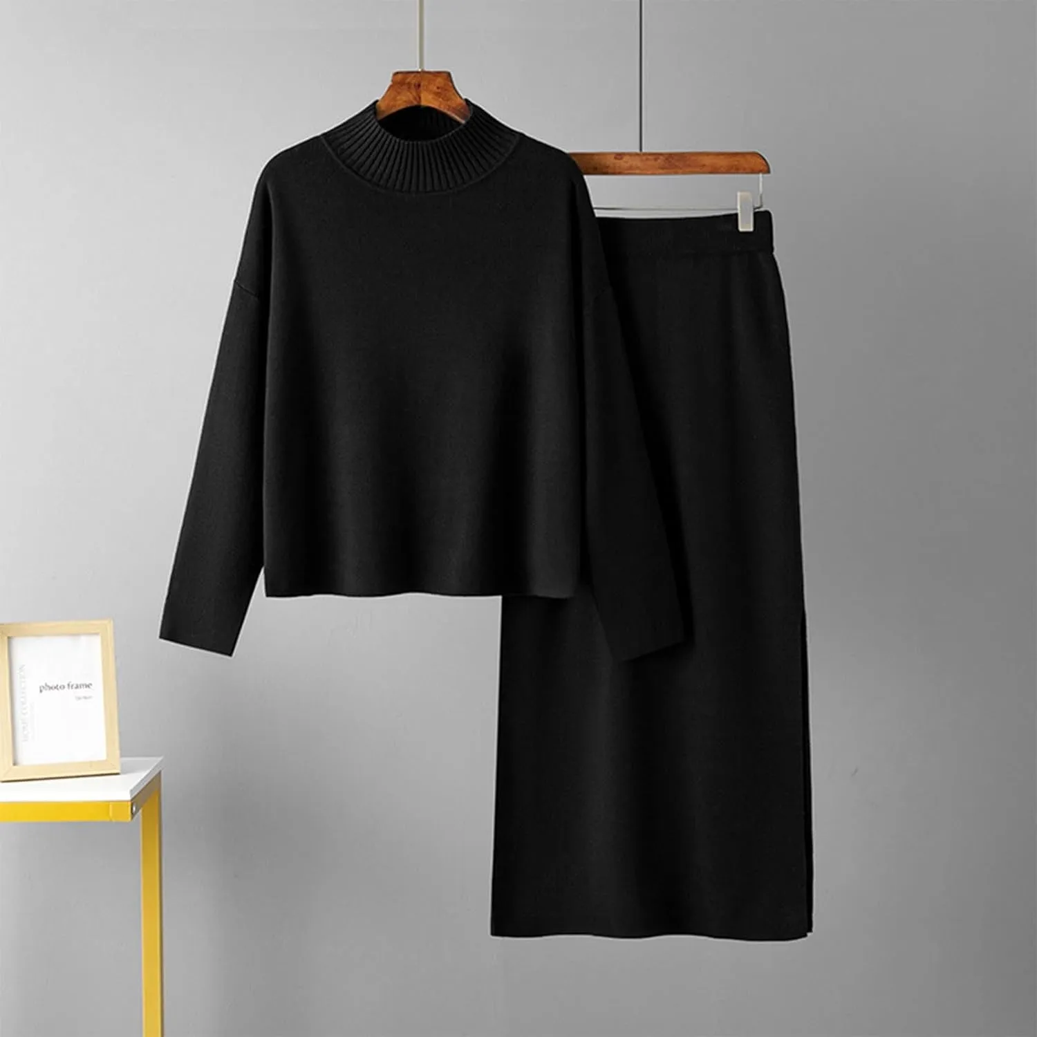 hlysgo Women's Two Piece Sweater Skirt Sets Knit Long Sleeve Mock Neck Sweater Tops and Bodycon Maxi Skirts 2 Piece Outfits