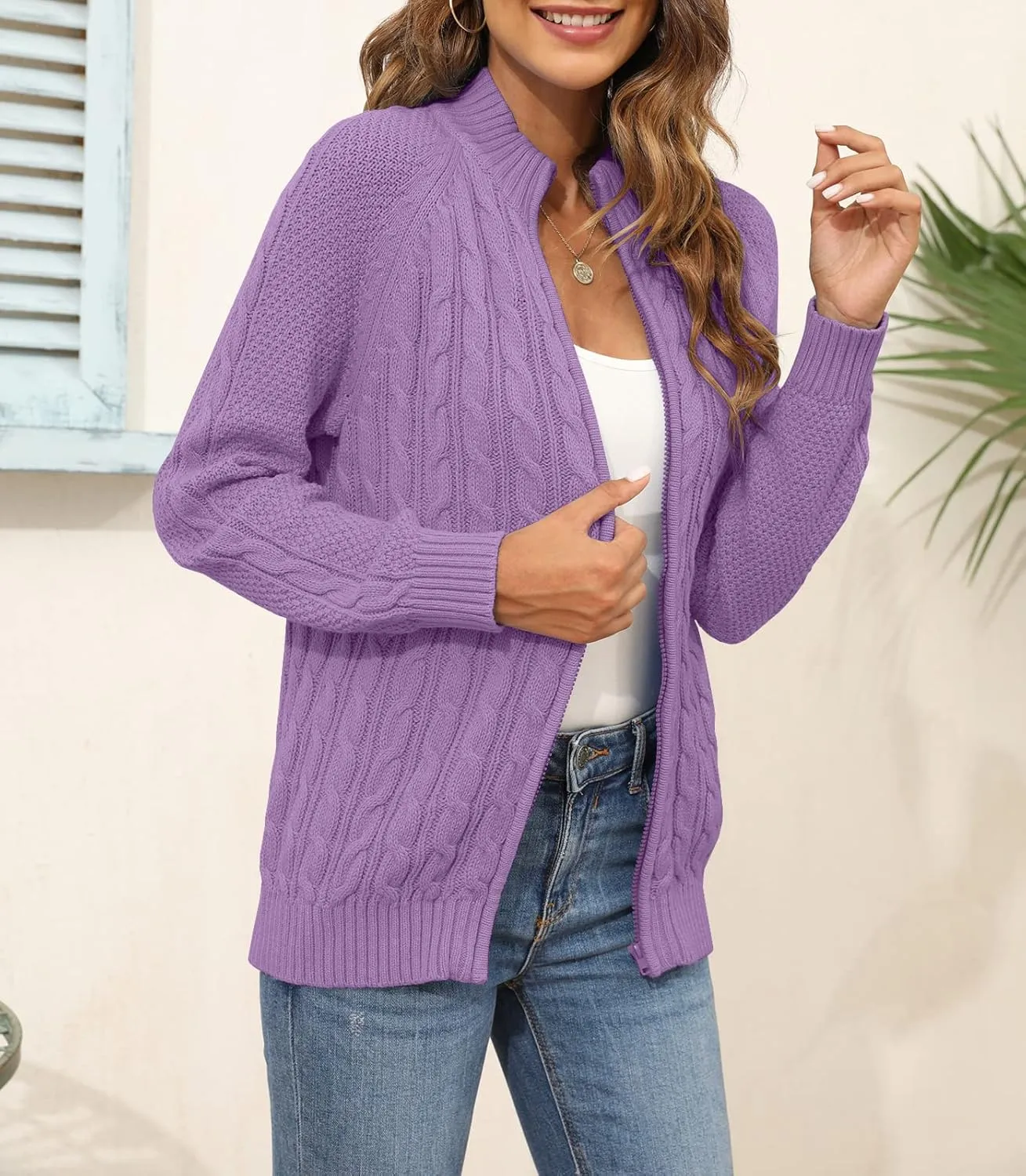 Hongqizo Women's Zipper Cable Knit Sweater Cardigan Long Sleeve Open Front Warm Knit Cardigan Casual Cardigan Knitwear