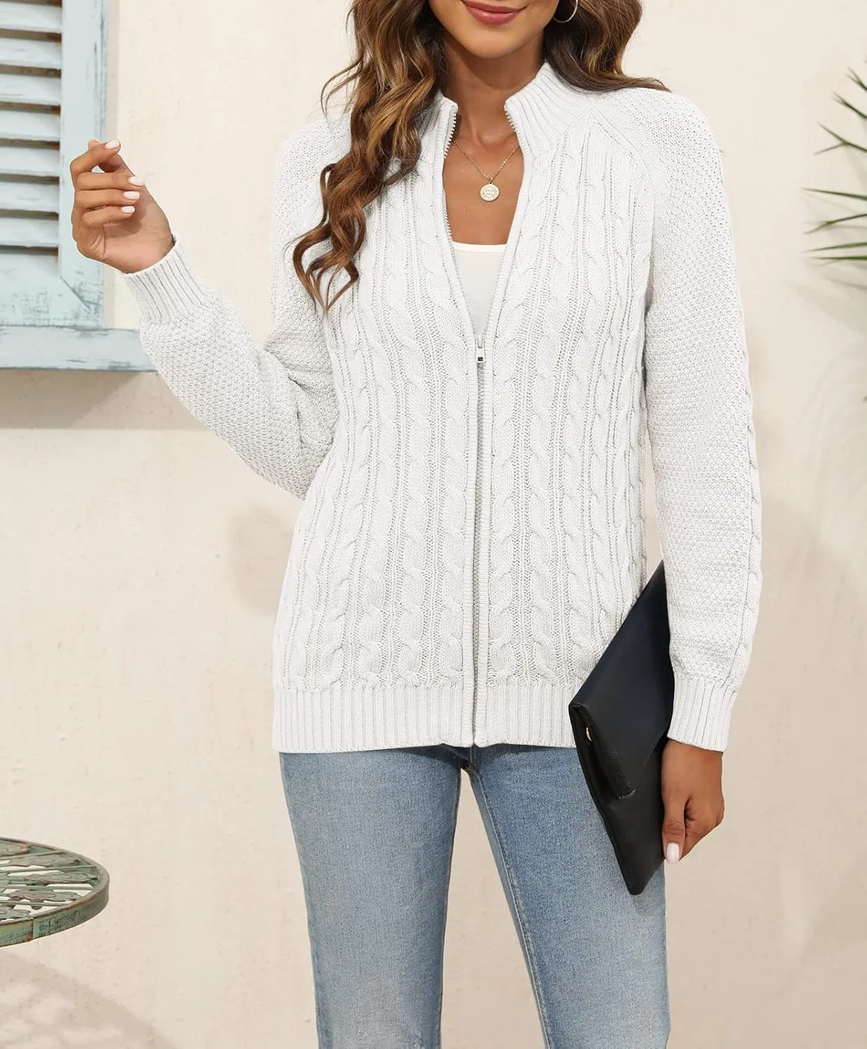 Hongqizo Women's Zipper Cable Knit Sweater Cardigan Long Sleeve Open Front Warm Knit Cardigan Casual Cardigan Knitwear