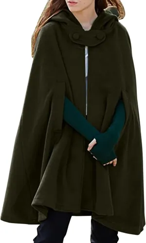 Hooded Medium Women Cape Winter Vintage Overcoat Fashion Button Cloak Woolen Coat Full Zip Fleece for Women Womens Coat