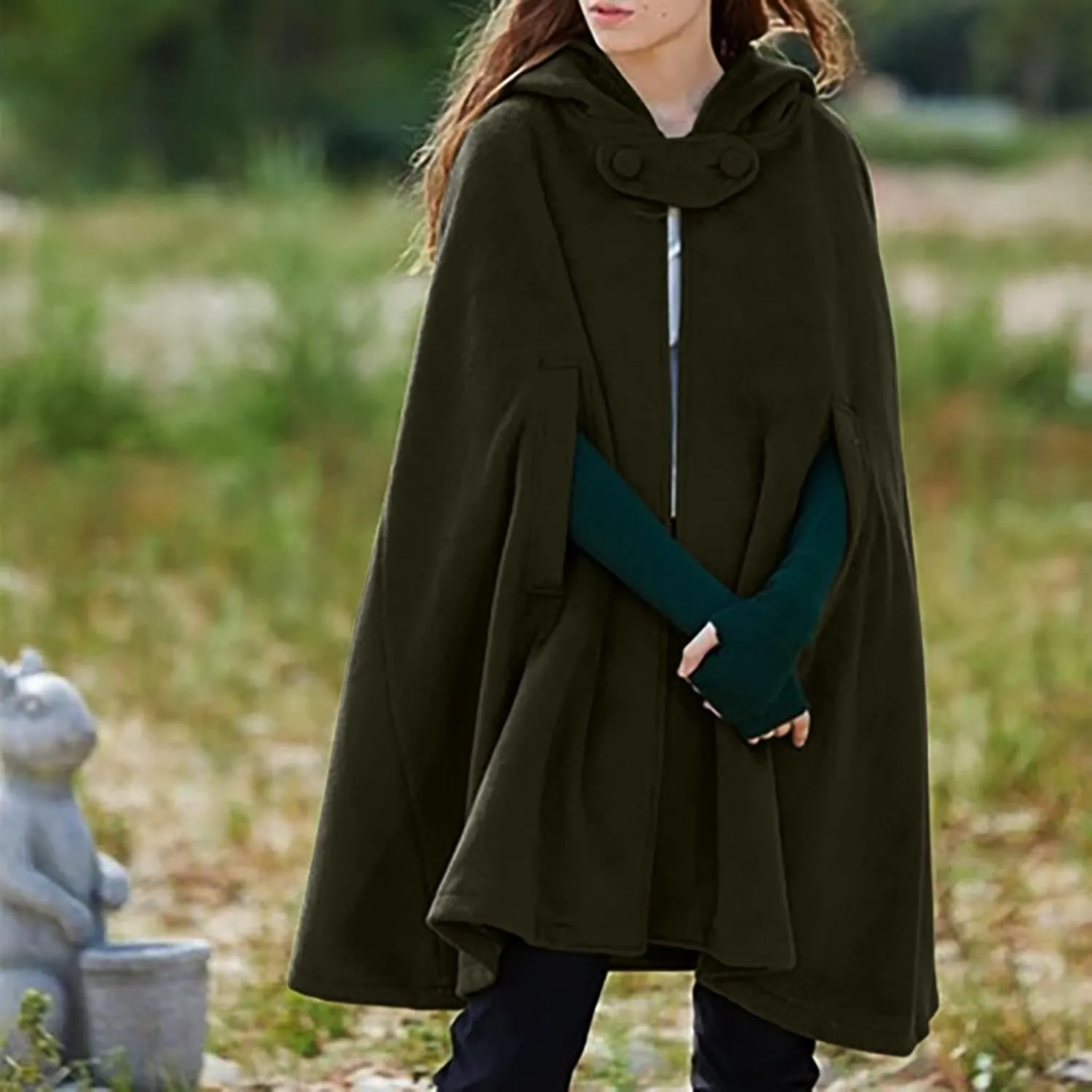 Hooded Medium Women Cape Winter Vintage Overcoat Fashion Button Cloak Woolen Coat Full Zip Fleece for Women Womens Coat