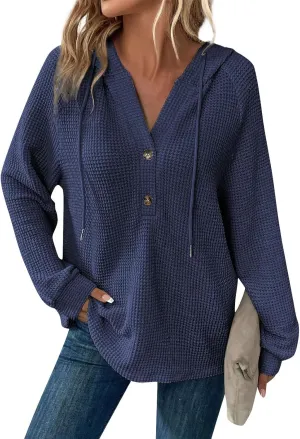 Hoodies for Women Comfy V Neck Waffle Knit Hooded Sweatshirts Drawstring Casual Long Sleeve Fall Pullover Sweaters