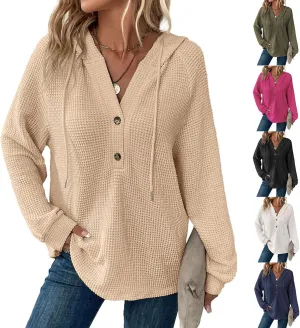 Hoodies for Women Comfy V Neck Waffle Knit Hooded Sweatshirts Drawstring Casual Long Sleeve Fall Pullover Sweaters