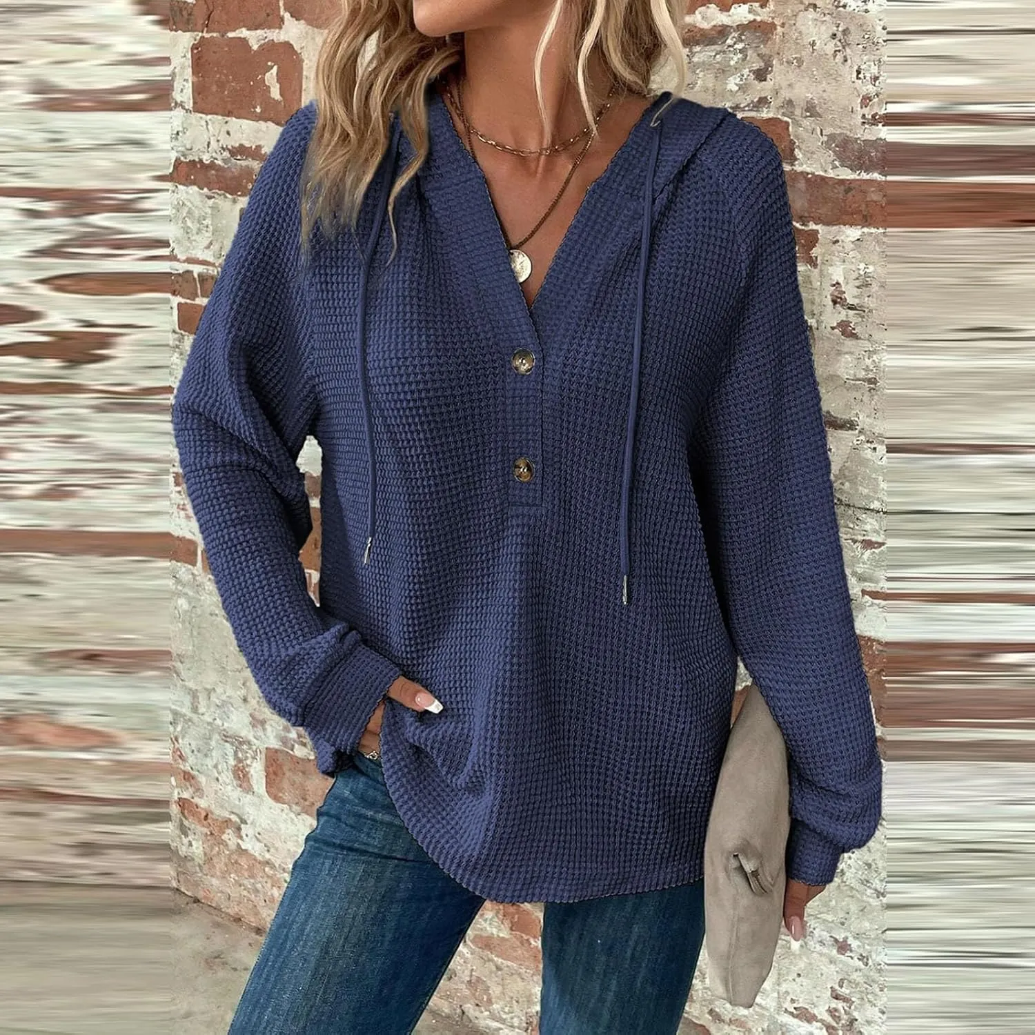 Hoodies for Women Comfy V Neck Waffle Knit Hooded Sweatshirts Drawstring Casual Long Sleeve Fall Pullover Sweaters