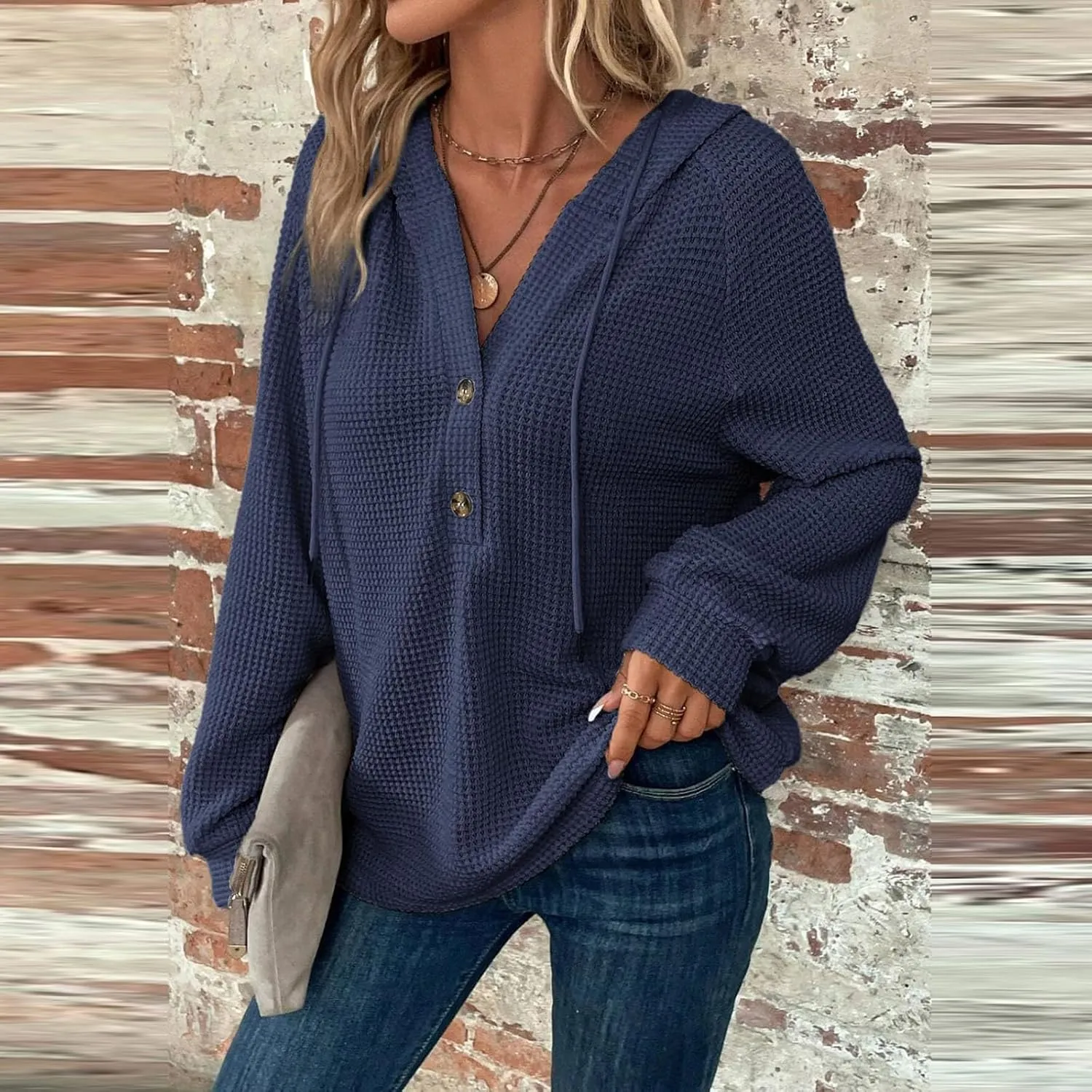 Hoodies for Women Comfy V Neck Waffle Knit Hooded Sweatshirts Drawstring Casual Long Sleeve Fall Pullover Sweaters