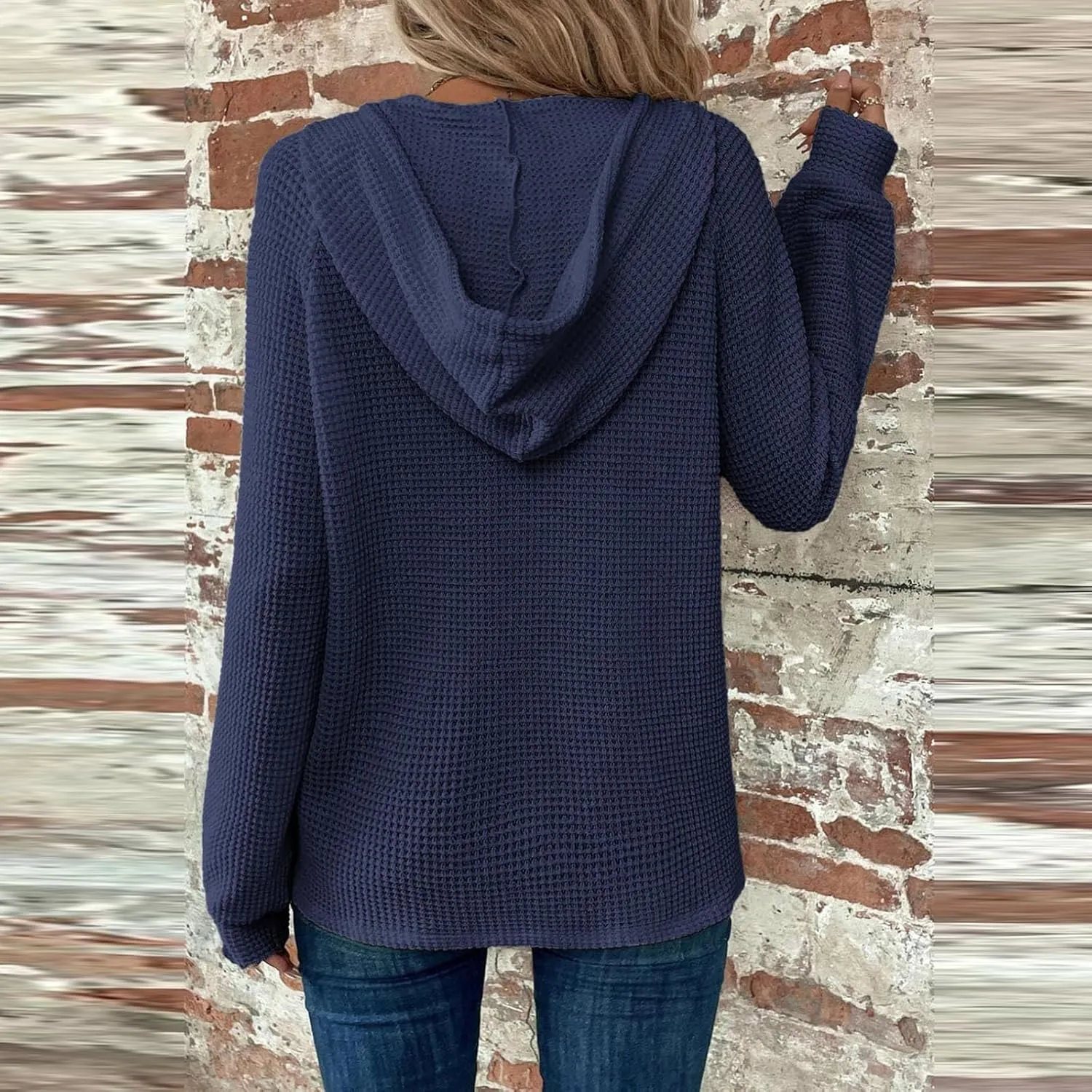 Hoodies for Women Comfy V Neck Waffle Knit Hooded Sweatshirts Drawstring Casual Long Sleeve Fall Pullover Sweaters