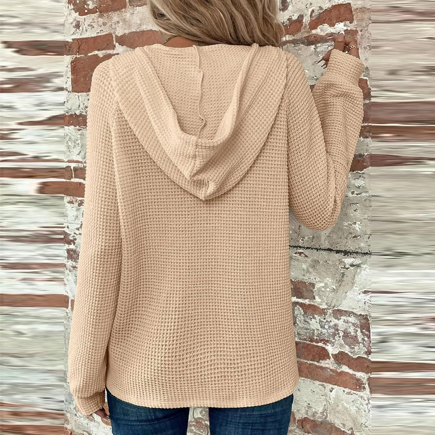 Hoodies for Women Comfy V Neck Waffle Knit Hooded Sweatshirts Drawstring Casual Long Sleeve Fall Pullover Sweaters