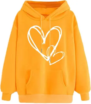 Hoodies For Women,Oversized Love Heart Print Pullover Tops With Pocket Casual Fleece Long Sleeve Hoodie Sweatshirt 2024