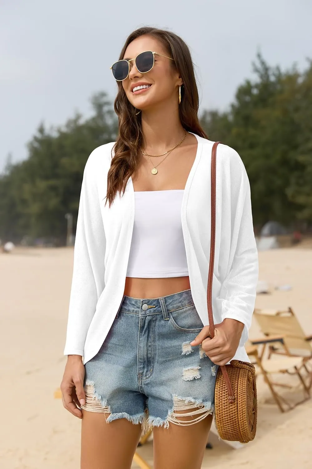 Iandroiy Womens Open Front 3/4 Sleeve Batwing Cardigan Lightweight Summer Kimono Cover Ups