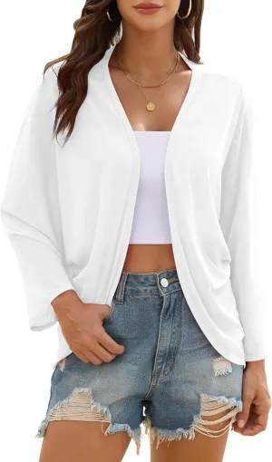 Iandroiy Womens Open Front 3/4 Sleeve Batwing Cardigan Lightweight Summer Kimono Cover Ups