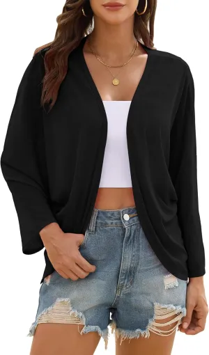 Iandroiy Womens Open Front 3/4 Sleeve Batwing Cardigan Lightweight Summer Kimono Cover Ups