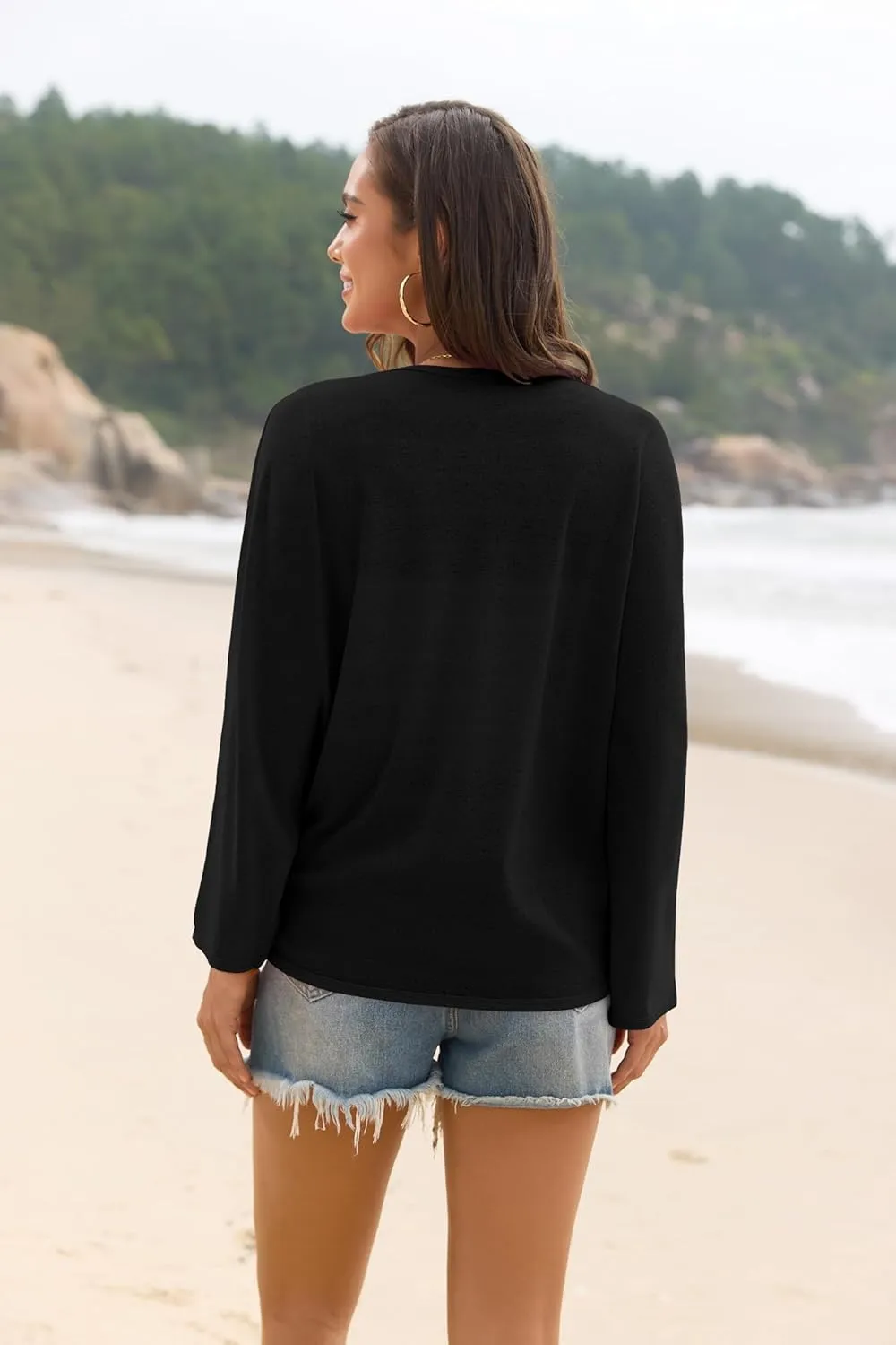 Iandroiy Womens Open Front 3/4 Sleeve Batwing Cardigan Lightweight Summer Kimono Cover Ups
