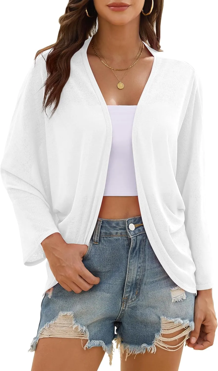 Iandroiy Womens Open Front 3/4 Sleeve Batwing Cardigan Lightweight Summer Kimono Cover Ups