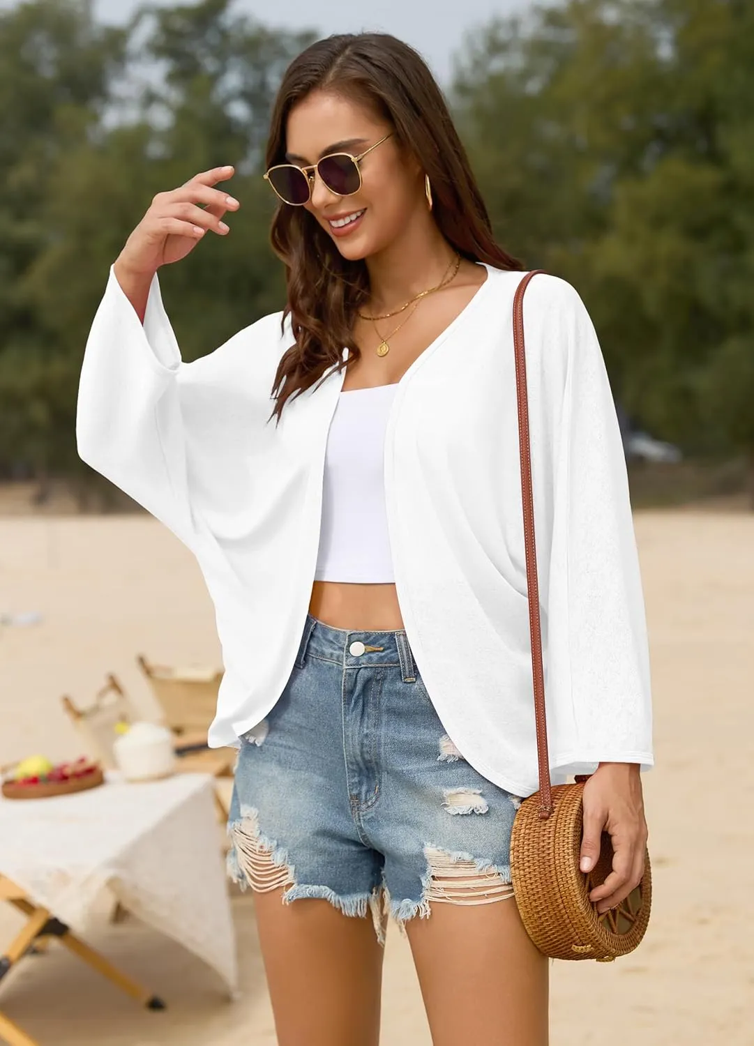 Iandroiy Womens Open Front 3/4 Sleeve Batwing Cardigan Lightweight Summer Kimono Cover Ups