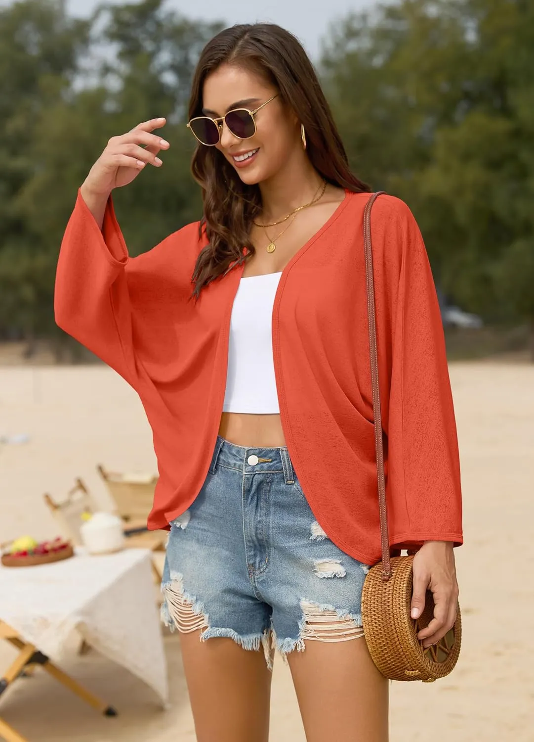 Iandroiy Womens Open Front 3/4 Sleeve Batwing Cardigan Lightweight Summer Kimono Cover Ups