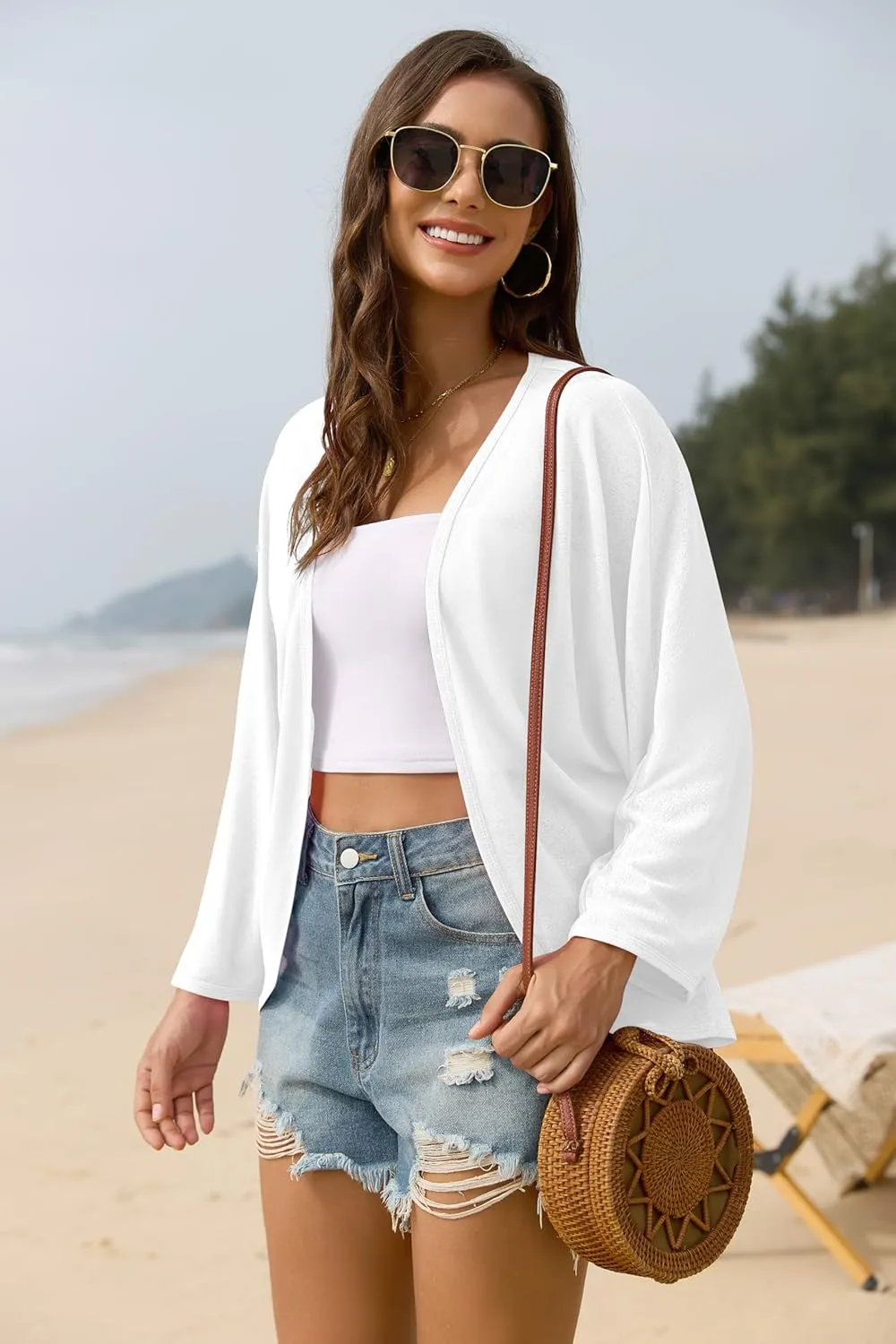 Iandroiy Womens Open Front 3/4 Sleeve Batwing Cardigan Lightweight Summer Kimono Cover Ups