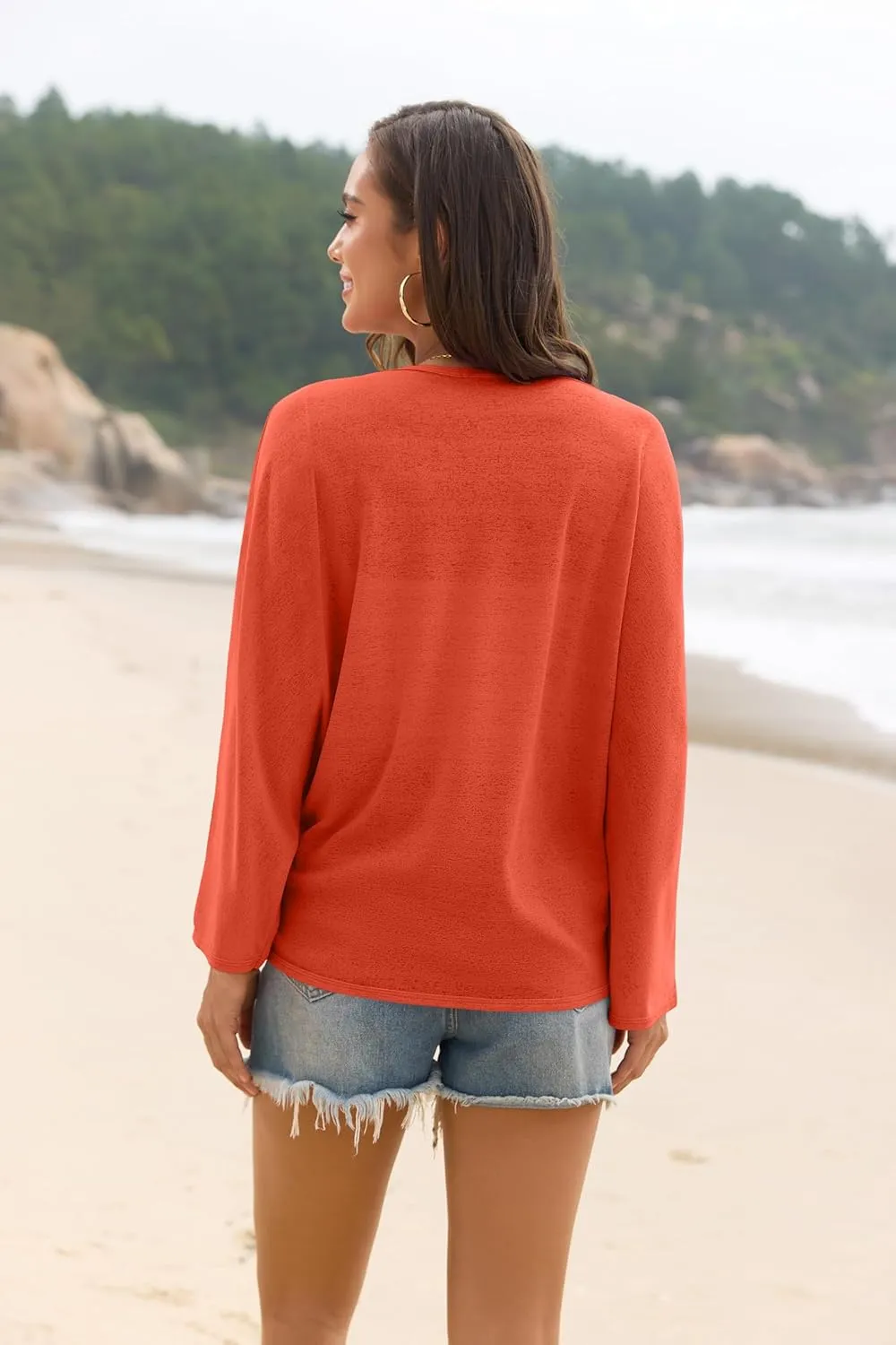 Iandroiy Womens Open Front 3/4 Sleeve Batwing Cardigan Lightweight Summer Kimono Cover Ups
