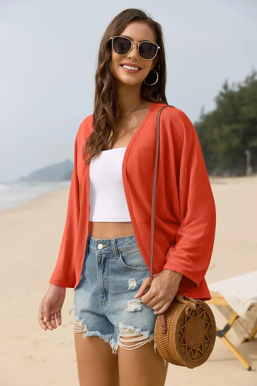 Iandroiy Womens Open Front 3/4 Sleeve Batwing Cardigan Lightweight Summer Kimono Cover Ups