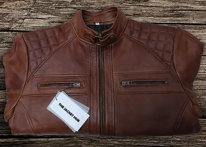 Jacket Hub Men's Genuine Lambskin Leather Biker Jacket | Premium Vintage Caf Racer Motorcycle Jacket | Motorcycle Jacket