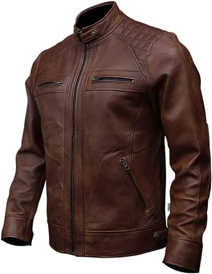Jacket Hub Men's Genuine Lambskin Leather Biker Jacket | Premium Vintage Caf Racer Motorcycle Jacket | Motorcycle Jacket