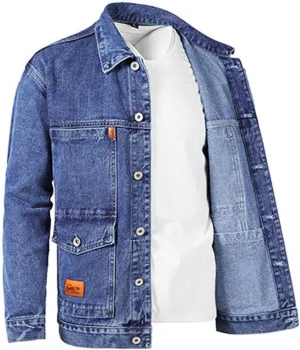 Jean Jacket for Men - Lapel Collar Button Down Multi-Pocket Washed Distressed Denim Trucker Coat Motorcycle Outerwear Overcoat Waterproof