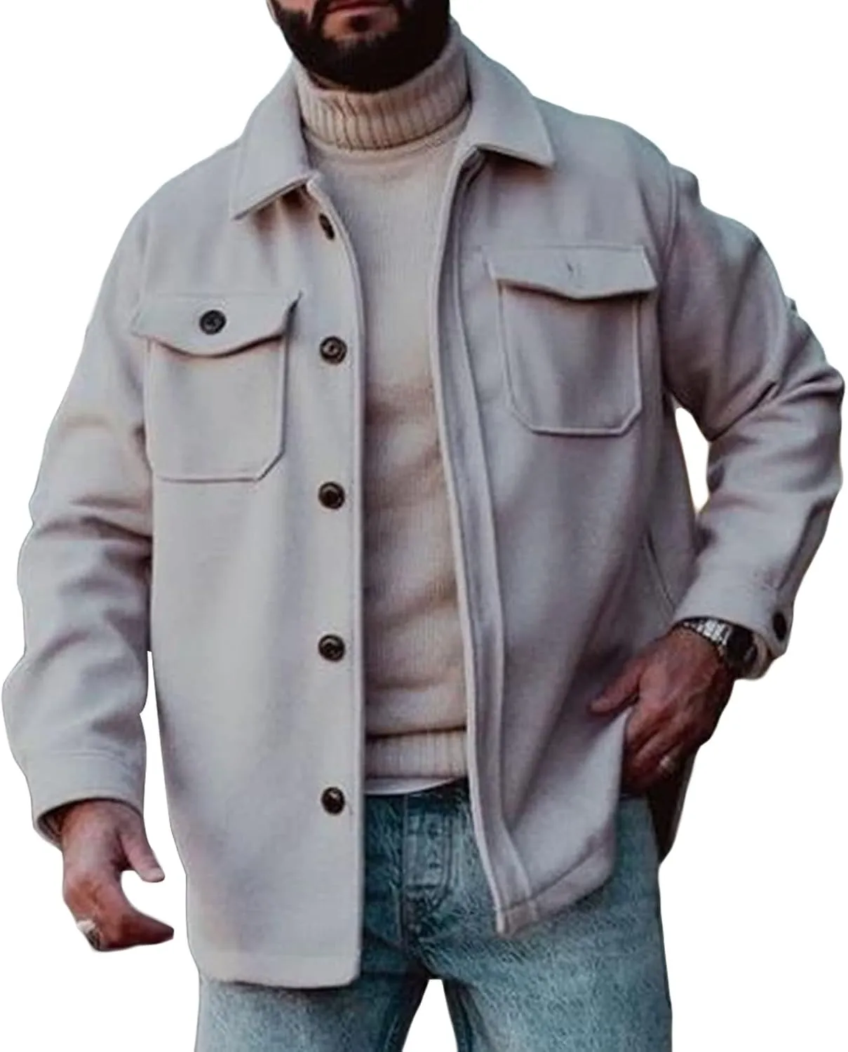 JEsilunmaMY Men's Button Up Woolen Jacket Lapel Long Sleeve Fall Winter Pea Trench Coats Casual Loose Windbreaker with Pocket