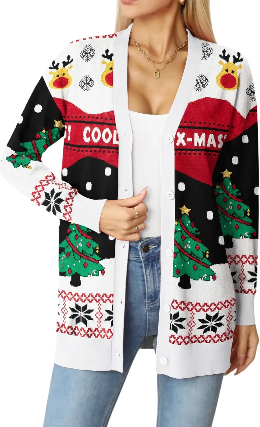 Jouica Women's Cute Cardigan Ugly Christmas Sweaters for Women 2024 Long Sleeve Funny Christmas Sweater