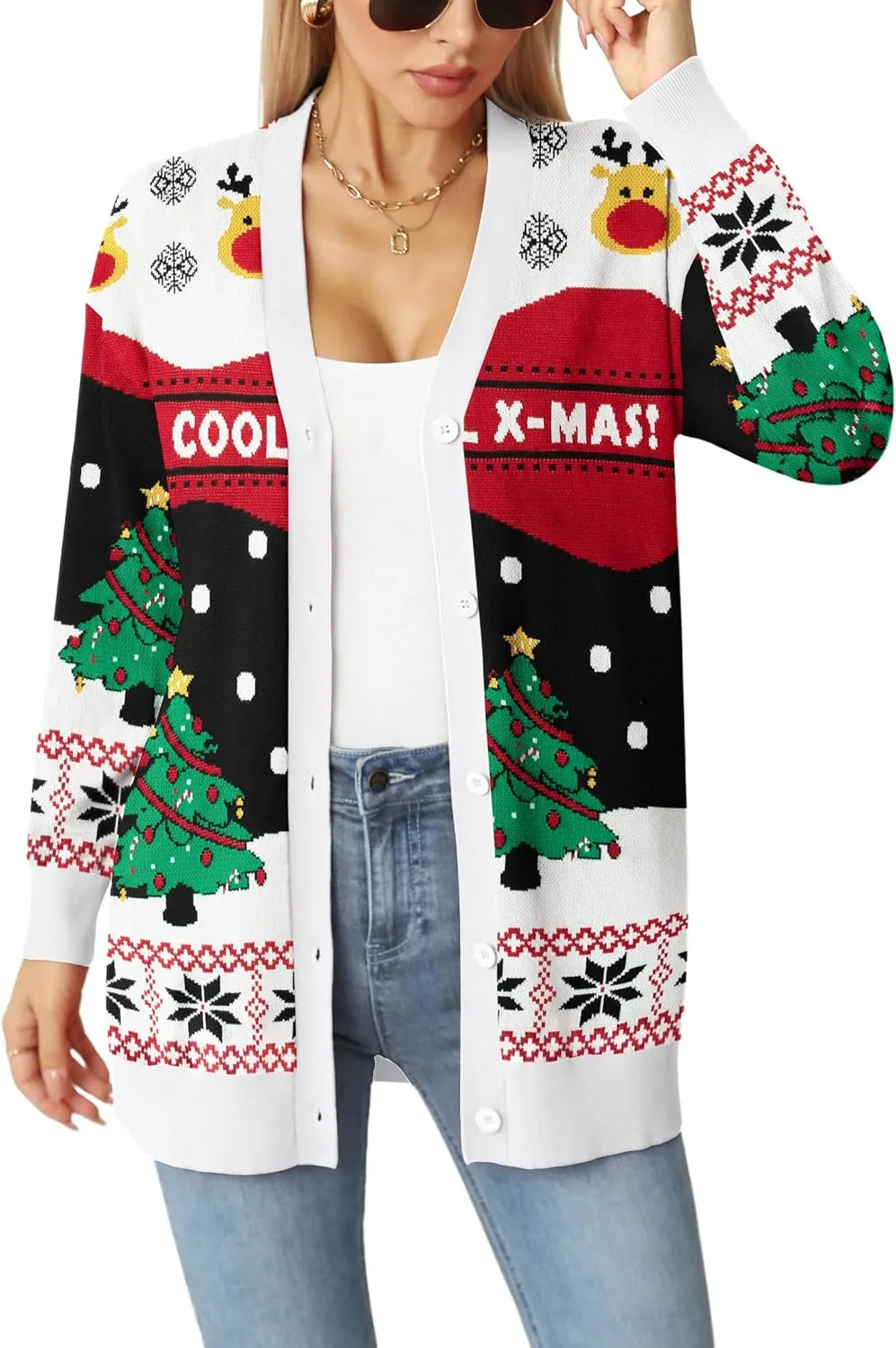 Jouica Women's Cute Cardigan Ugly Christmas Sweaters for Women 2024 Long Sleeve Funny Christmas Sweater