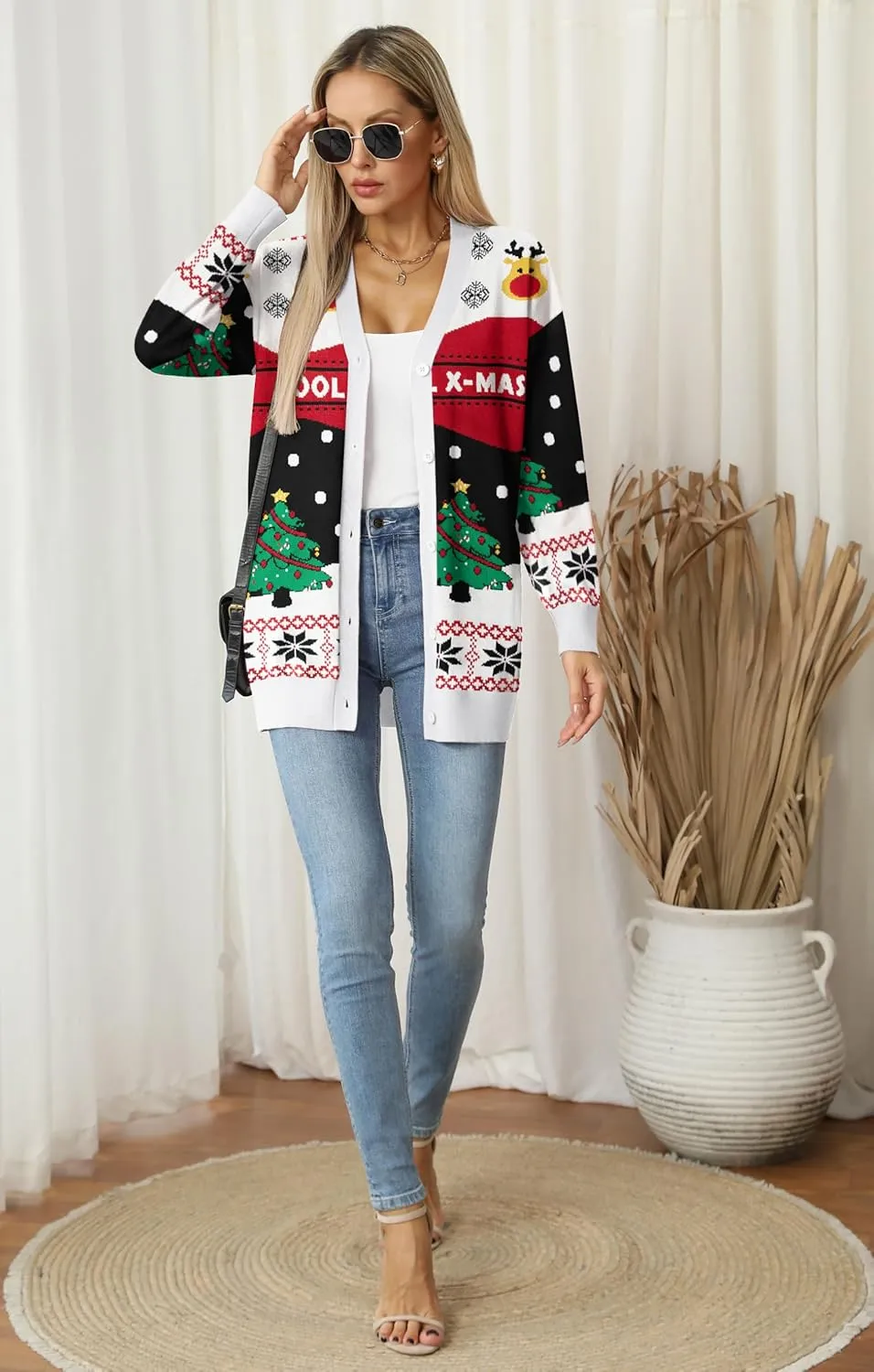 Jouica Women's Cute Cardigan Ugly Christmas Sweaters for Women 2024 Long Sleeve Funny Christmas Sweater