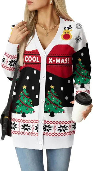 Jouica Women's Cute Cardigan Ugly Christmas Sweaters for Women 2024 Long Sleeve Funny Christmas Sweater