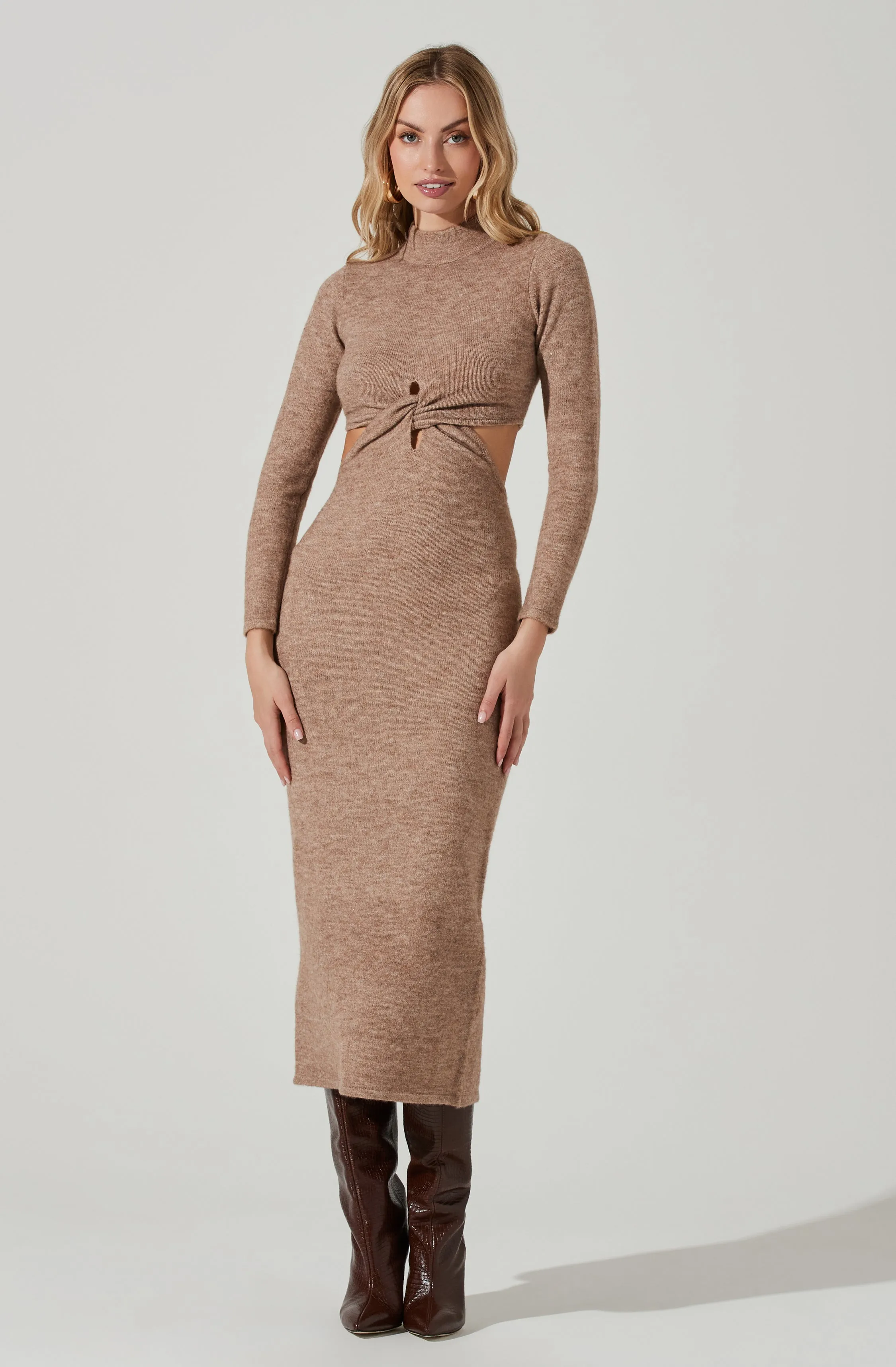 Kenna Mock Neck Twist Front Cutout Midi Dress